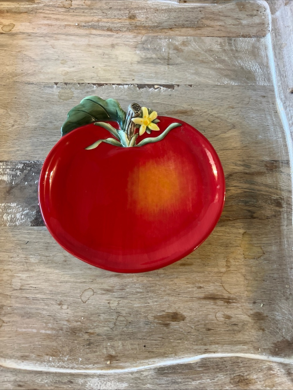 Red Tomato Ceramic Serving Plate with Leaf Accent
